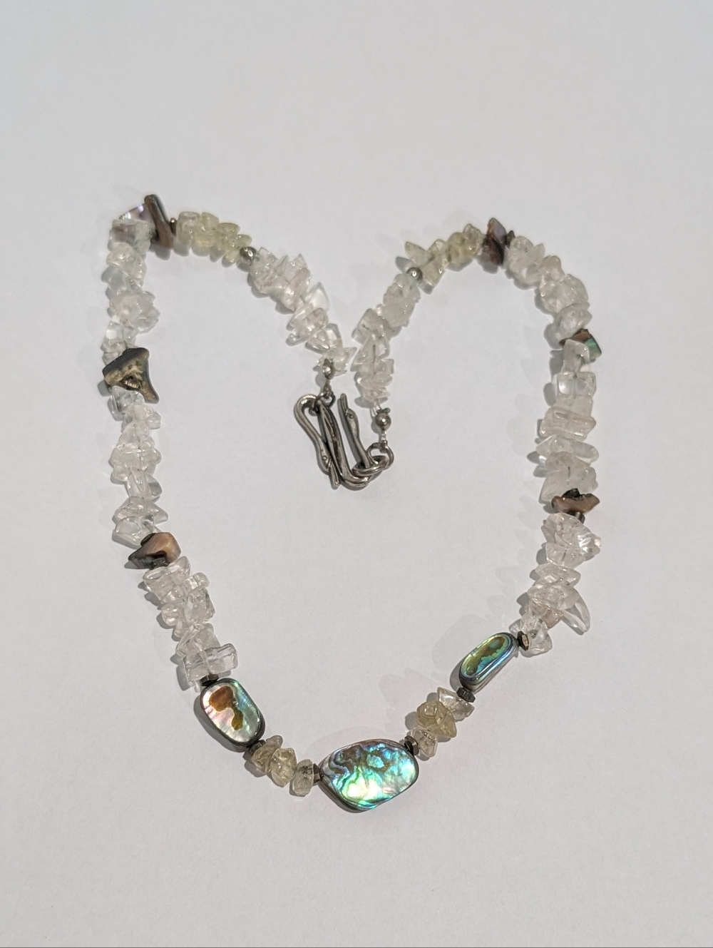 Vtg Abalone Mother Of Pearl Polished Genuine Quartz Chip Beaded 18" Necklace